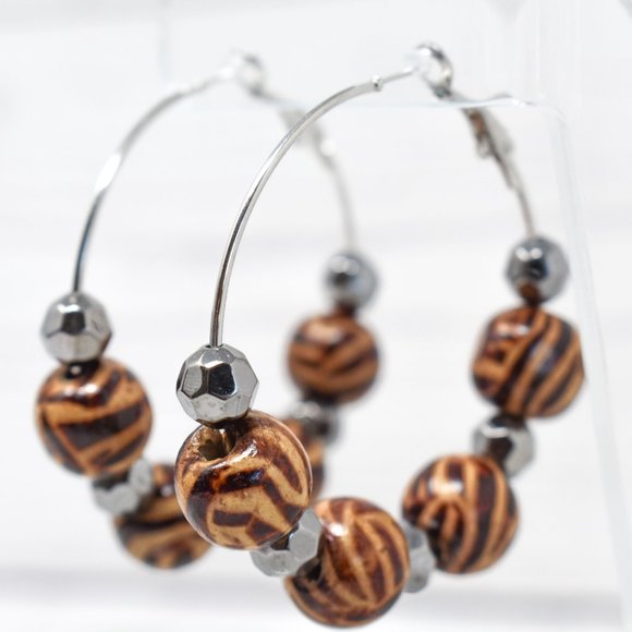 2" Zebra Print Wood Beads Leverback Hoop Earrings - Picture 6 of 12
